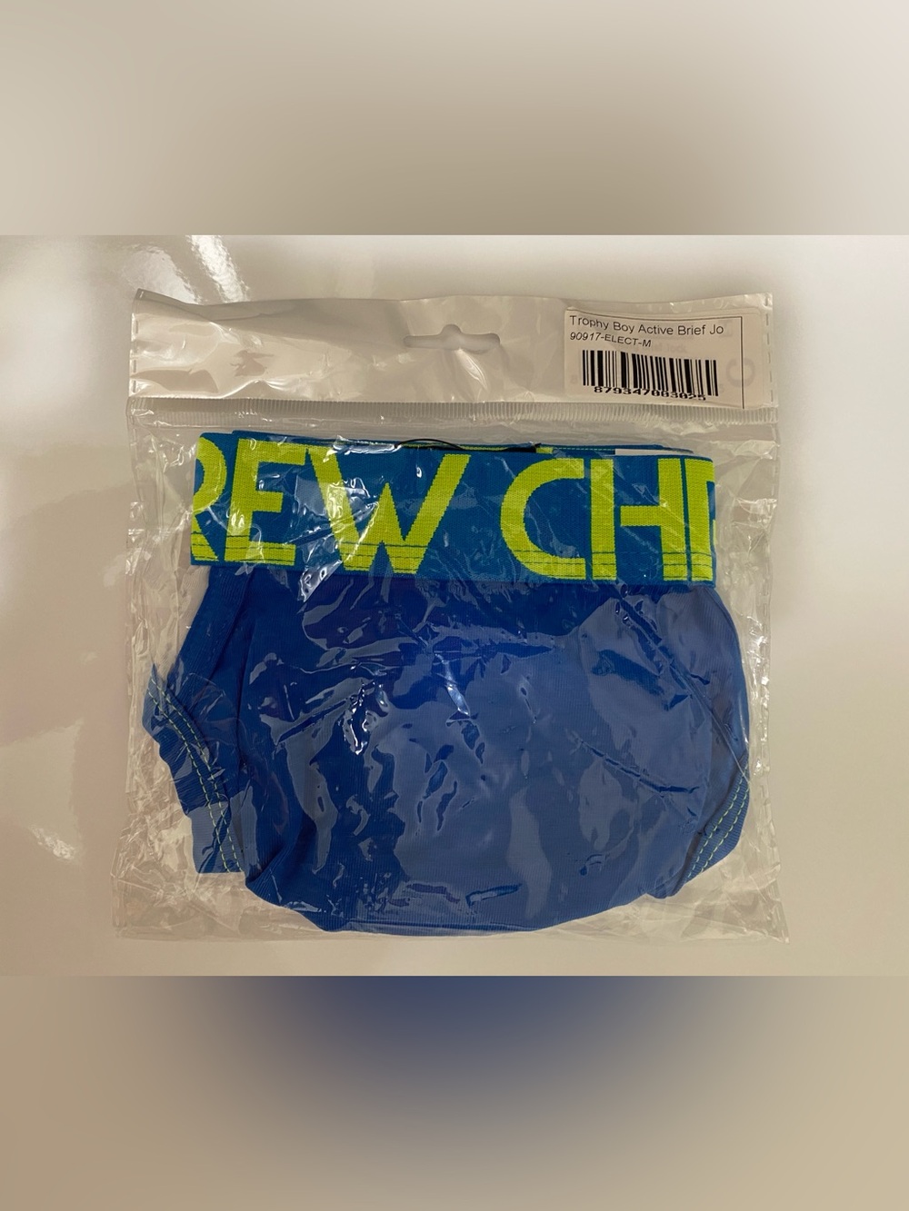NWT! Trophy Boy Andrew Christian MED Electric Blue Brief Jock w/Neon Green band.
